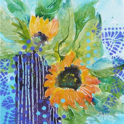 Sunflowers in striped jug 10 X 10.5 inches